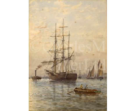 ATTRIBUTED TO GEORGE STANFIELD WALTERS (BRITISH, 1838-1924) A square rigger being tugged up the Thames Watercolour with scrat