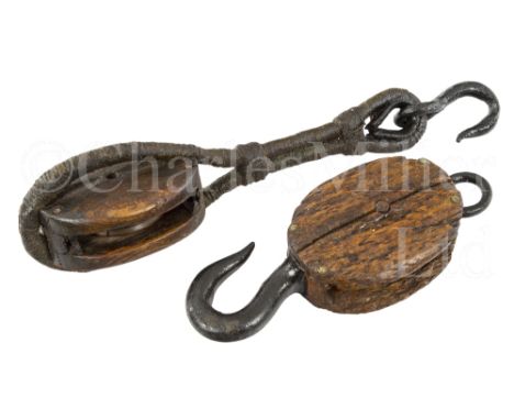 Ø 19TH CENTURY GUNNERY BLOCKS AND TACKLE RECOVERED FROM THE WRECK OF H.M.S. CONWAY (EX. NILE) heavily constructed in wood and