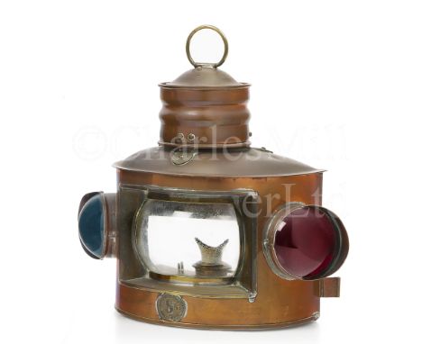 A PORT &amp; STARBOARD BOW LAMP, CIRCA 1890 constructed in copper and brass with trade label inscribed Seahorse GB over tinte