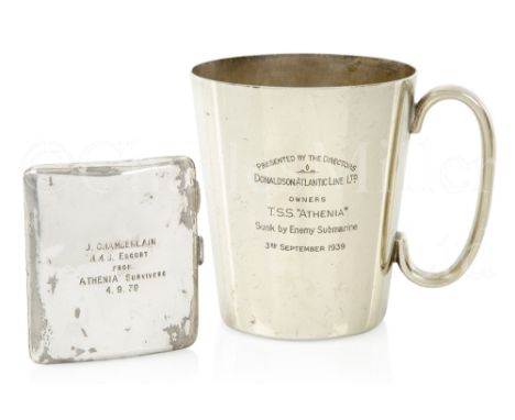 A PRESENTATION CIGARETTE CASE AND TANKARD TO A SAILOR FROM H.M.S. ESCORT FOR THE RESCUE OF SURVIVORS OF T.S.S. ATHENIA, TORPE