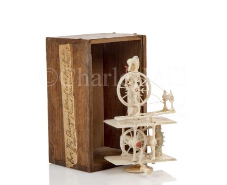 AN EARLY 19TH CENTURY NAPOLEONIC FRENCH PRISONER OF WAR BONE SPINNING JENNY AND WOODEN BOX with single character 'Jenny' seat