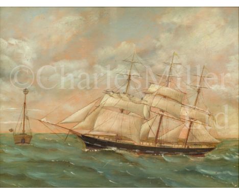 ENGLISH PRIMITIVE SCHOOL, LATE 19TH CENTURY The barque 'Trafalgar' passing a light ship Oil on card 14 x 18in. (35.5 x 46cm.)