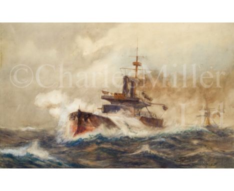 δ NORMAN WILKINSON (BRITISH, 1878-1971) An Early Type of Seagoing Turret Ship, 'H.M.S. 'Thunderer', 1863 Watercolour heighten