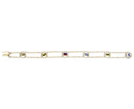 A GOLD AND ENAMEL YACHT BRACELET with six enamel signal flags spelling 'GLENDA', each within a white enamel life buoy, double