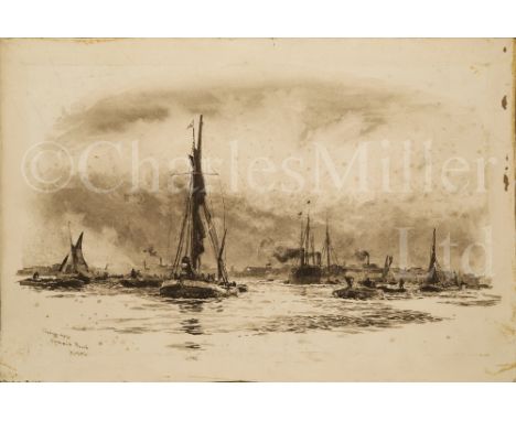 WILLIAM LIONEL WYLLIE (BRITISH, 1851-1931) Showery Day, Greenwich Reach; Square-rigged ships anchored off Dartmouth Monochrom