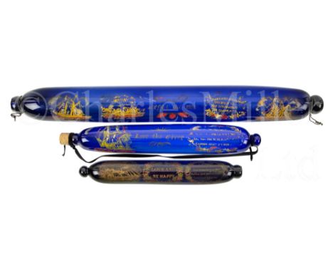 AN OVERSIZED BRISTOL BLUE TRANSFER-PRINT ROLLING PIN OR NAILSEA SALT, CIRCA 1860 cobalt blue glass inscribed Forget Me Not, t