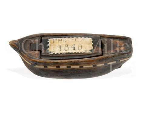 A BONE INLAID SAILOR WORK WOODEN SNUFF BOX, CIRCA 1840 carved in the form of a man-o'-war with contrasting gun ports, coppere