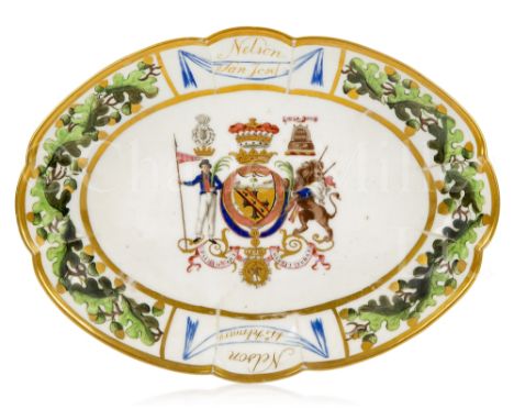 AN OVAL DESSERT DISH FROM LORD NELSON'S 'ARMORIAL' SERVICE, CIRCA 1802 unmarked, shaped sides with gilt-edge, oak leaf and ac