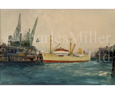 δ FRANK HENRY MASON (BRITISH, 1875-1965) The F.T. Everard cargo ship 'Stability' unloading at Crown Wharf, Deptford Oil on ca