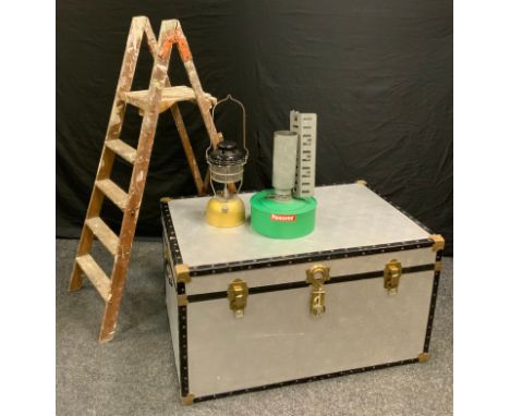 A vintage aluminium mounted steamer travelling trunk, 100cm x 65cm x 55cm; folding wooden step ladders; greenhouse heater, et