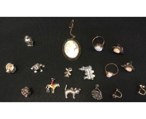 Jewellery - a 9ct gold mounted cameo ring, another;  cameo brooch, silver charms, earrings etc 