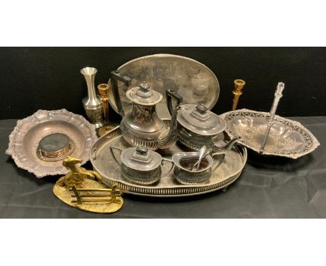 Metalware - a four piece silver plated tea set, associated tray;  swing handle basket;  pair of brass candlesticks etc 