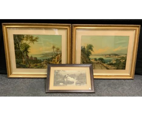 Continental School, a pair, lakescapes, coloured prints, 50cm x 72cm;  another monochrome (3) 