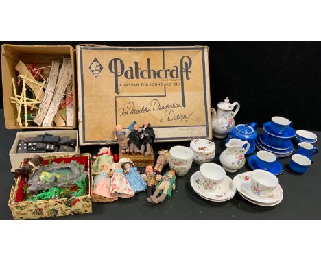 Celluloid and other doll's house figures;  dol's house plastic rockery garden with patio and furniture;  part  Patchcraft set