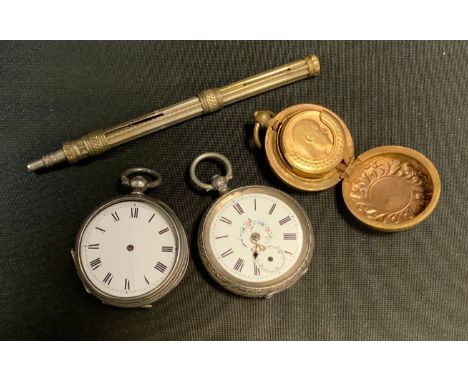 A silver open faced fob watch;  another;  a gilt metal sovereign case;  sliding pencil 