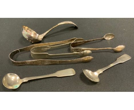A pair of George III Old English and bright cut sugar bows, Peter and Anne Bateman, London 1796;  plated bows;  sugar ladle; 