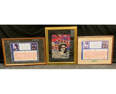 A framed Paul  Mcarthney birth certificate;  another, John Lennon;  a Sex Pistol  God Save the Queen jacket patch, framed 