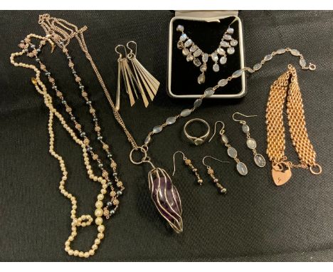Jewellery - a silver and moonstone effect fringe necklace bracelet and earrings suite;  gold plated gate bracelet with 9ct go