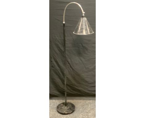 A mid 20th century black and chrome retro standard light, conical shade, the base with label, W.F. Brand, Seal of Guarantee, 