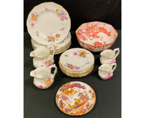 Royal Crown Derby Red Aves Hexagonal bowl;  four Posies jugs;  six dessert plates;  six saucers;  Old Avesbury saucers 