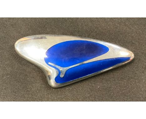 Henning Koppel for Georg Jensen - an amorphic sterling silver blue enameled brooch, signed, No 314, 70mm wide, 33.2g gross 