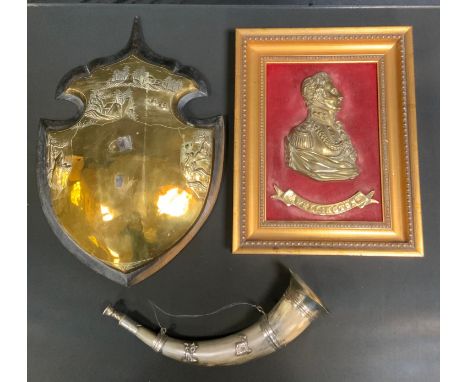 A Sherwood Forester's horn, plated mount, 32cm long; a brass side profile bust, Wellington, framed, 36cm x 28cm overall;  a b