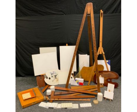 Artist Equipment - a large folding easel stand;  others table top, artist oil paint pallets, ceramic paint mixing trays, stac