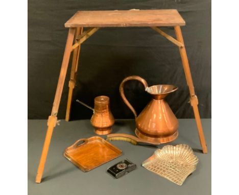 Metal Ware - a Victorian copper hay stack measure;  crumb brush and tray;  a P Bervillle Paris easel;   etc 