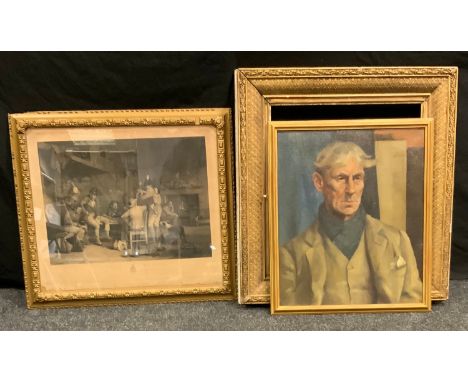 M Wykes, Portrait of a Man, signed, dated 1933, oil on canvas, 60cm x 40cm;  David Wilkie, after, Village Recruits, monochrom