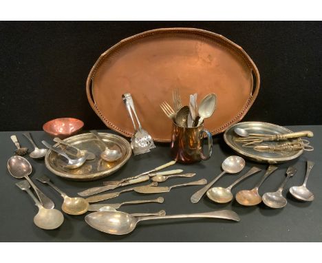 Plated Ware - a EP two handled gallery tray;  a pair of EPNS warming plates;  Old English serving spoon;  knife rests;  mothe