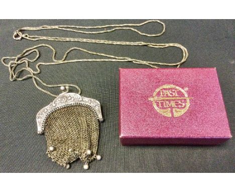 A continental silver miniature chainmail mesh purse necklace, London import marks, 49.3g. 