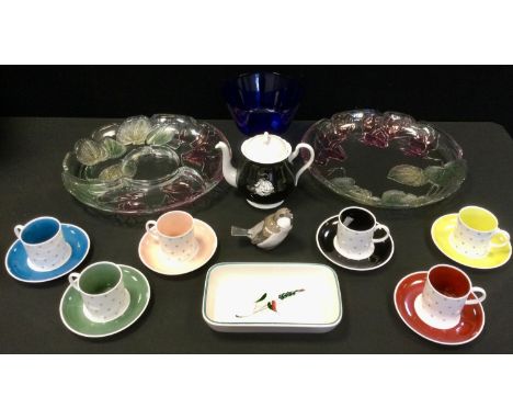 A set of six Susie Copper Polka Dot pattern coffee cups and saucers;  a Shelley teapot;  Denby Greenwheat;  glass hors d'oeuv