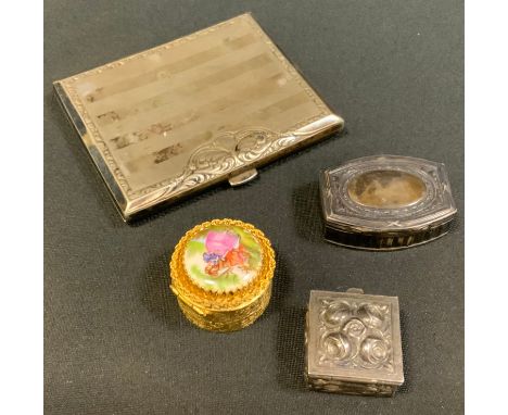 A continental 800 silver embossed snuff box; a 925 silver embossed floral pill box;  a silver coloured metal cigarette case, 