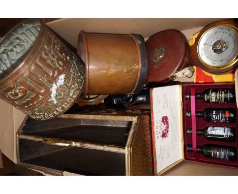 Various items to include a leather bound tape measure, banjo barometer, copper ware etc