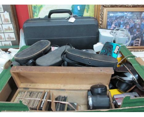 Binoculars - Glenton De-Luxe, Boots, Zenith. Cameras - Zenith, Fuji Film, Pierette, etc. Lantern slides, projector, Hitachi v