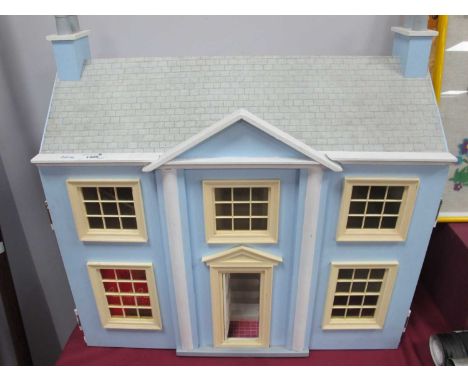 Dolls House, light blue and white painted, opening at the front, 61.5cm, a quantity of furnishings.