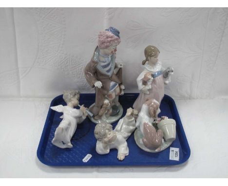 Lladro - Clown 5901 24cm high, Lady Holding PuppIes 6419, dog by Split Plant pot 7672 and two winged cherubs (5).