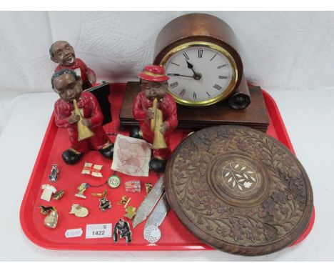 Mantle Clock pottery band members, badges, ten shilling note, etc:- One Tray.