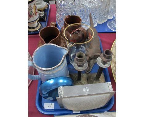 BOAC Ashtray, Lovatts jugs, brass candlesticks, Border Fine Art labrador, Fry's tin, etc:- One Tray.