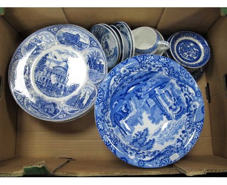 A collection of Blue and White ceramics to include Spode, Swinnertons, Royal Crown Derby, etc. One Box