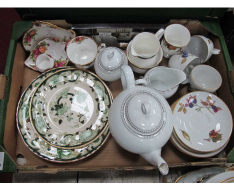 Royal Doulton Paramount Platinum pattern teapot, jug and lidded sugar, Royal Worcester Evesham teacups and saucers, Masons Ch
