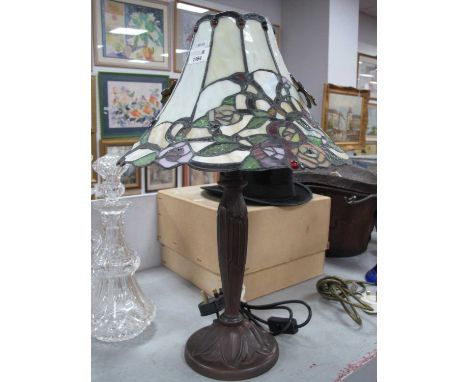 Tiffany Style Two Branch Table Lamp, with dragonflies to opaline shade, 50cm.One small glass section with crack otherwise no 