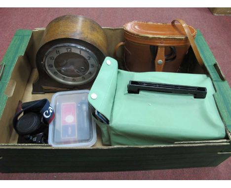 Cabin slide projector with remote control, Canon EOS 500 camera, Regent binoculars 7x50, 1930s, oak mantel clock etc. One Box