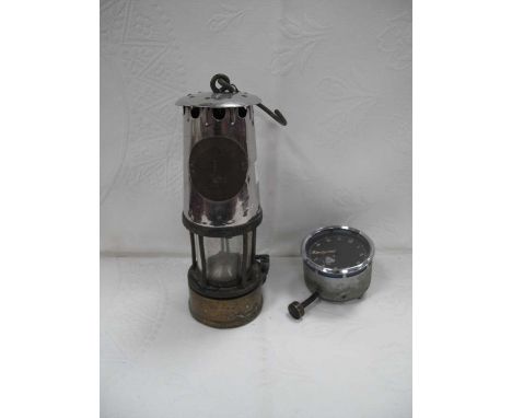 Miners Lamp by Projector Lamp Lighting Co, Eccles, 24.5cm high with handle down. Smiths car clock (2).
