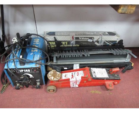 Wickes Compound Mitre Saw, SIP 140 arc welder floor jack, Leigh D4 jig (4). (Note - this item carries the electrical PAT test