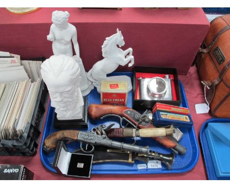 Goebel White Rearing Horse, Tschaikowski bust replica pistols, Kukri knife, and other, mini stamp, pewter hip flask as a came