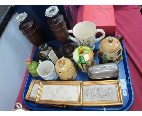 Japanese Jam Pots, Foley Faience Yorkshire mug, 'Mutax' brush, resin plaques, oak candlesticks, etc:- One Tray.