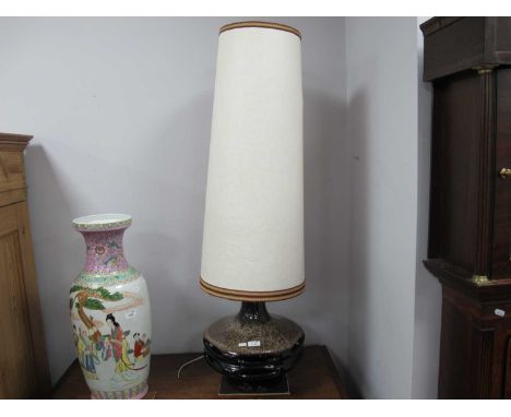 1970s Pottery Table Lamp, with oval pierced body, together with large shade.