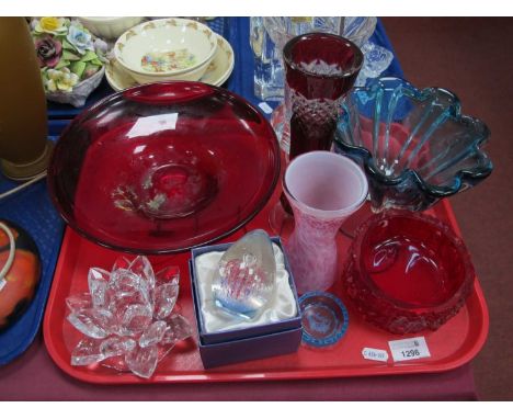 Whitefriars Ruby Glass Shallow Dish, 26cm diameter, Val St Lambert vase, bark ashtray, turquoise wavy glass bowl, etc:- One T