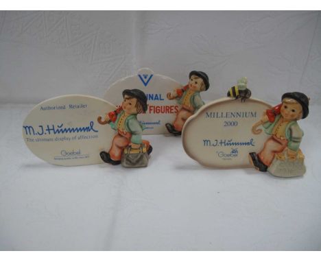 'Hummel Figurines' Oval Display Plaques, 'Original' 'Authorised Retailer' and 'Millennium 2000' with bee atop, freestanding w
